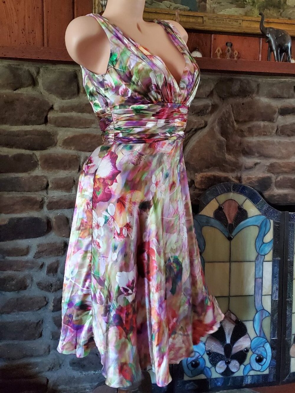David Meister Silk Floral Dress Size 8 Watercolor Ruched Cocktail Wedding Prom